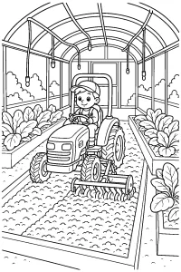 Trattore che prepara l’orto in serra disegno da colorare PDF gratis