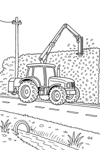 Trattore con braccio tagliasiepi sulla strada disegno da colorare PDF gratis