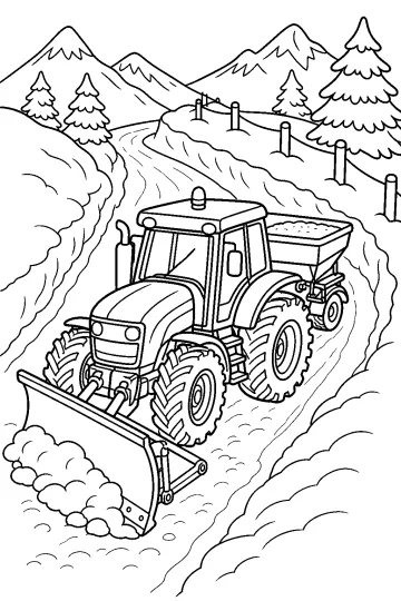 Traktor mit Schneepflugschild auf einer Bergstraße zwischen Schneewällen, Tannen und Bergen.