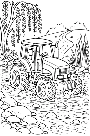 Coloring page of a tractor driving through a shallow creek with stones, reeds, and a willow tree