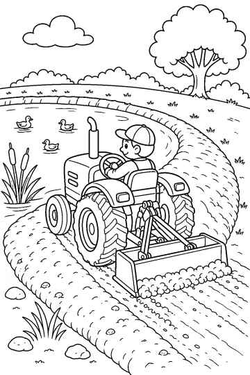 Tracteur avec lame arrière aplanissant la terre au bord d'un étang avec des canards et des roseaux.
