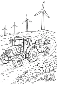 Trattore con rimorchio tra le turbine eoliche disegno da colorare PDF gratis