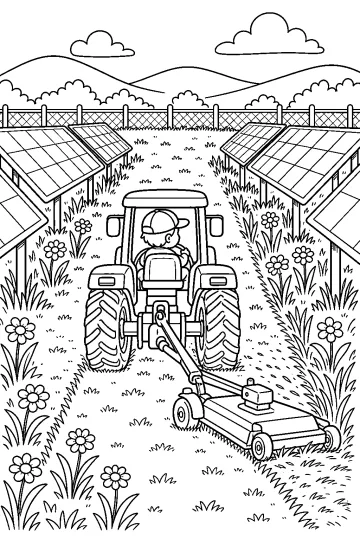 Tractor van achteren met maaier tussen rijen zonnepanelen, gras en bloemen