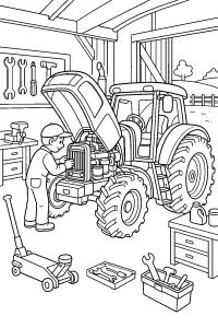 Trator com capô aberto na oficina desenho para colorir PDF grátis
