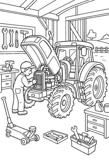 Tractor con capó abierto y mecánico revisando el motor en un taller