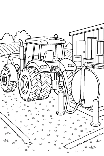 Trattore agricolo collegato con un tubo a un grande serbatoio di carburante davanti a un capanno