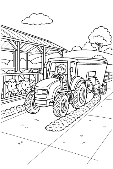 Tractor met bestuurder en voermengwagen die voer verdeelt naast koeien achter een hek.