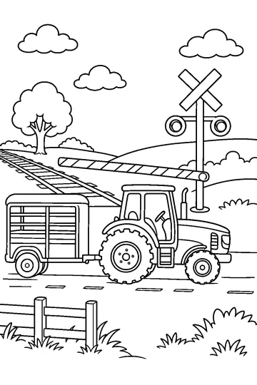 Coloring page drawing of a tractor with a trailer beside a railroad crossing with a lowered gate
