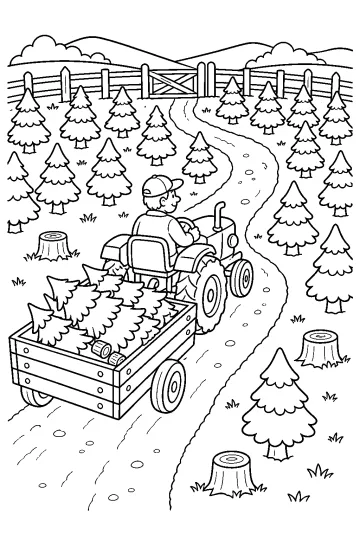 Coloriage d'un tracteur tirant une remorque pleine de sapins dans une plantation