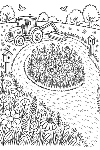 Trattore nel prato fiorito disegno da colorare PDF gratis