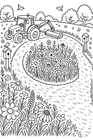 Disegno da colorare di un trattore che falcia un sentiero curvo attorno a un'isola di fiori in un prato.
