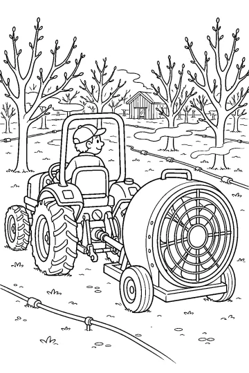 Tracteur avec conducteur relié à un grand ventilateur sur roues dans un verger avec arbres, tuyaux d'irrigation et petite cabane
