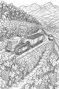 Trattore cingolato nella vigna terrazzata disegno da colorare PDF gratis