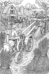 Trattore antico alla festa della trebbiatura disegno da colorare PDF gratis
