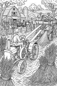 Trattore antico alla festa della trebbiatura disegno da colorare PDF gratis