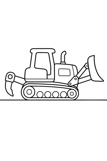 Coloring page drawing of a side-view crawler bulldozer with a raised front blade and rear ripper