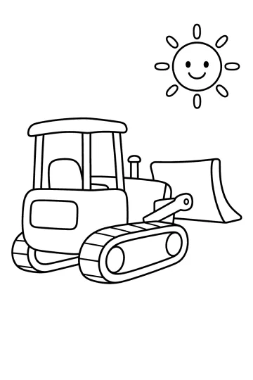 Ausmalbild einer Kettenraupe mit breitem Schild unter einer lachenden Sonne