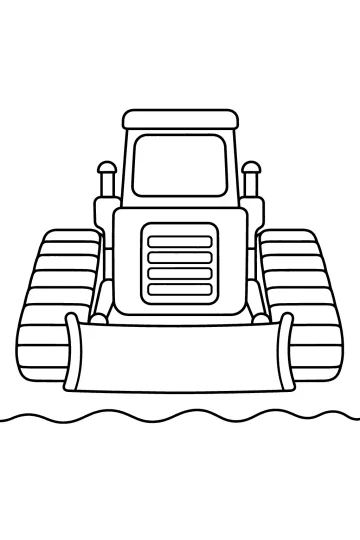 Desenho para colorir de um bulldozer visto de frente com lagartas extra largas e lâmina dianteira