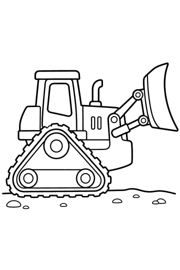 Dibujo de línea de un bulldozer de perfil con orugas triangulares y pala delantera