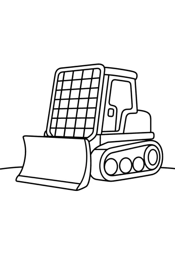 Bulldozer with a front blade, tracks and a large protective guard in front of the cab