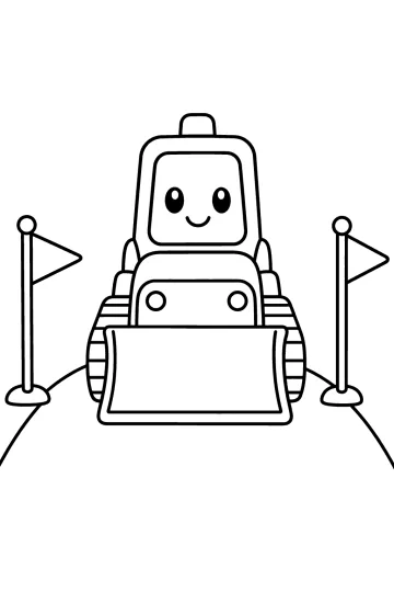 Front-view smiling tracked bulldozer with a wide square blade between two flags on a marked path.