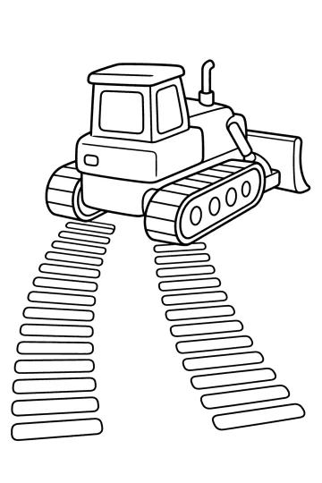Dibujo para colorear de un bulldozer de orugas con pala delantera y dos huellas de orugas en el suelo