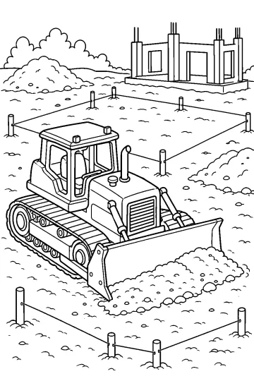 Bulldozer sur chenilles avec une large lame nivelant la terre dans un chantier bordé de cordes