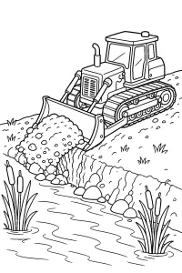 Bulldozer de esteiras na margem do rio desenho para colorir PDF grátis