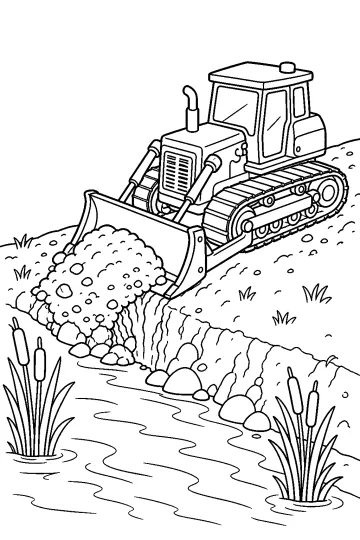Bulldozer de esteiras com lâmina empurrando terra na margem de um rio com pedras e juncos