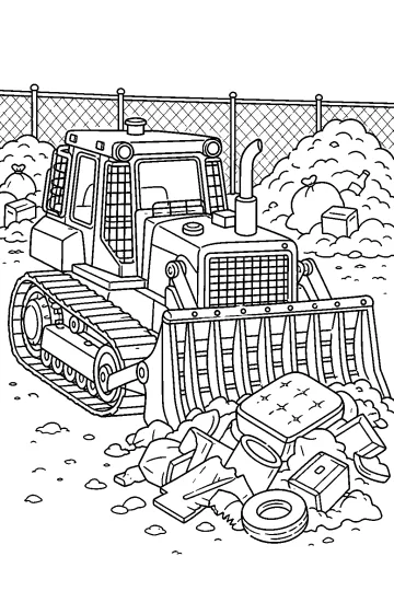 Desenho para colorir de um bulldozer de esteiras com lâmina gradeada diante de resíduos e uma cerca