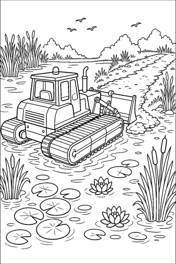 Bulldozer à chenilles avec lame dans un étang parmi les roseaux et les nénuphars