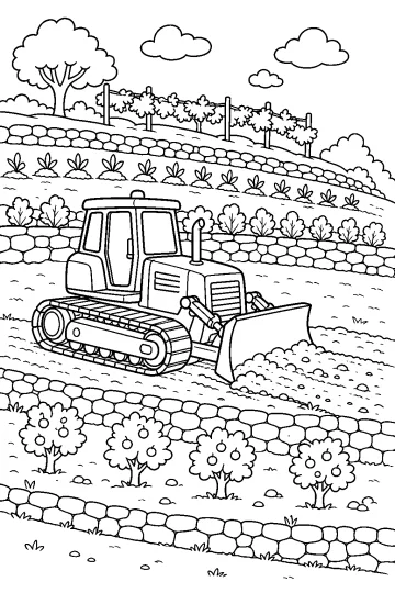 Bulldozer de orugas con pala frontal entre muros de piedra y terrazas agrícolas
