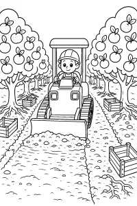 Bulldozer in an Apple Orchard coloring page free PDF
