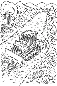 Bulldozer in the forest on a clear dirt strip coloring page free PDF