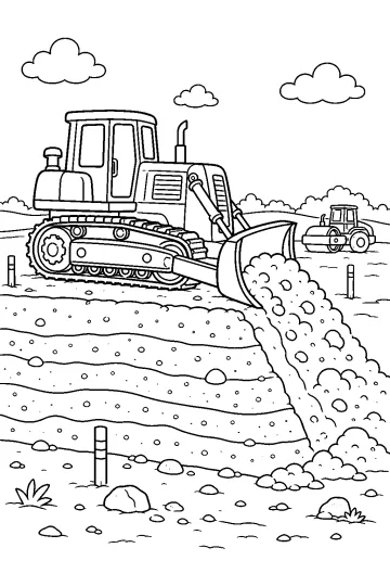 Dibujo en blanco y negro de un bulldozer de orugas empujando tierra con su pala en una obra, con una apisonadora al fondo.