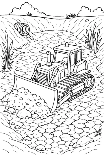Tracked bulldozer with a blade pushing a pile of soil across the cracked floor of a dry basin