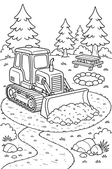 Bulldozer avec lame nivelant un tas de terre dans un camping en forêt avec table de pique-nique et cercle de pierres