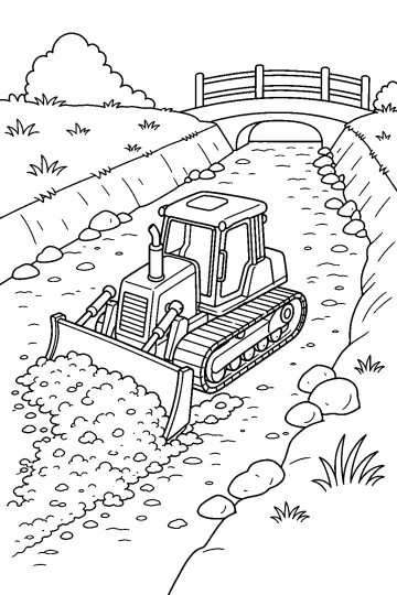 Bulldozer sur chenilles avec lame poussant de la terre dans un canal sec sous un petit pont