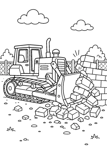 Bulldozer à chenilles avec une grande lame poussant un mur de briques parmi les gravats