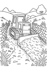 Bulldozer de orugas en camino rural dibujo para colorear PDF gratis