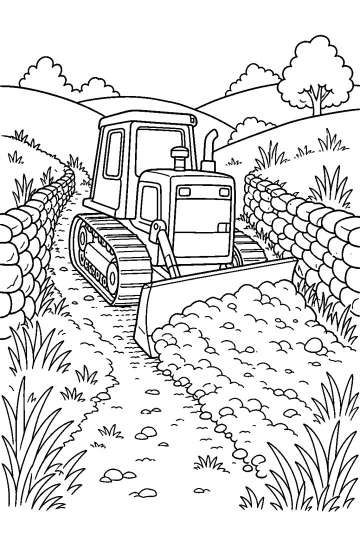 Coloriage d'un bulldozer à chenilles poussant de la terre entre des murets de pierre