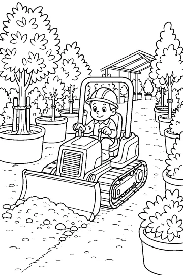 Bulldozer à chenilles avec conducteur poussant de la terre entre de grands pots et des arbustes dans une pépinière