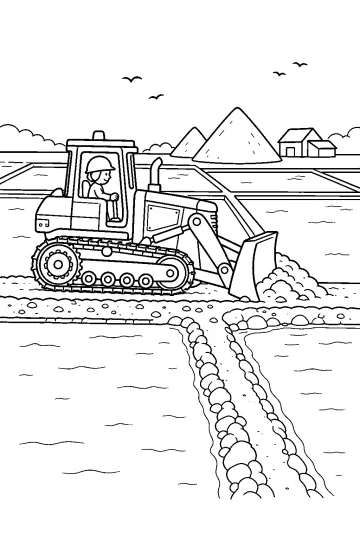 Bulldozer à chenilles avec conducteur et large lame près de bassins d'eau et de tas au loin
