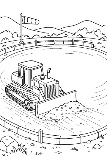 Bulldozer à chenilles avec lame sur une aire circulaire, avec une manche à air et des collines en arrière-plan