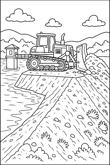 Bulldozer de orugas con pala empujando tierra en un terraplén junto al agua