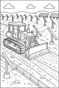 Bulldozer de esteiras entre painéis solares desenho para colorir PDF grátis