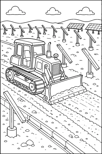 Coloriage d'un bulldozer chenillé nivelant la terre entre des supports et panneaux solaires.