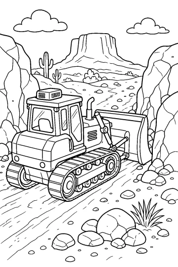 Bulldozer à chenilles avec lame sur une piste du désert rocheux, avec cactus, rochers et mesa lointaine