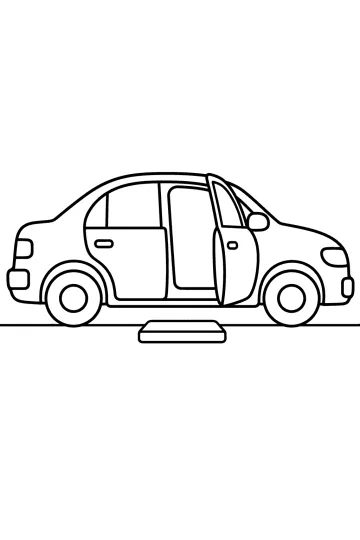 Disegno da colorare di un'auto di lato con una grande portiera aperta e un piccolo gradino