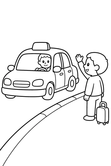 Taxi avec conducteur souriant et passager faisant signe près d'une valise sur le trottoir